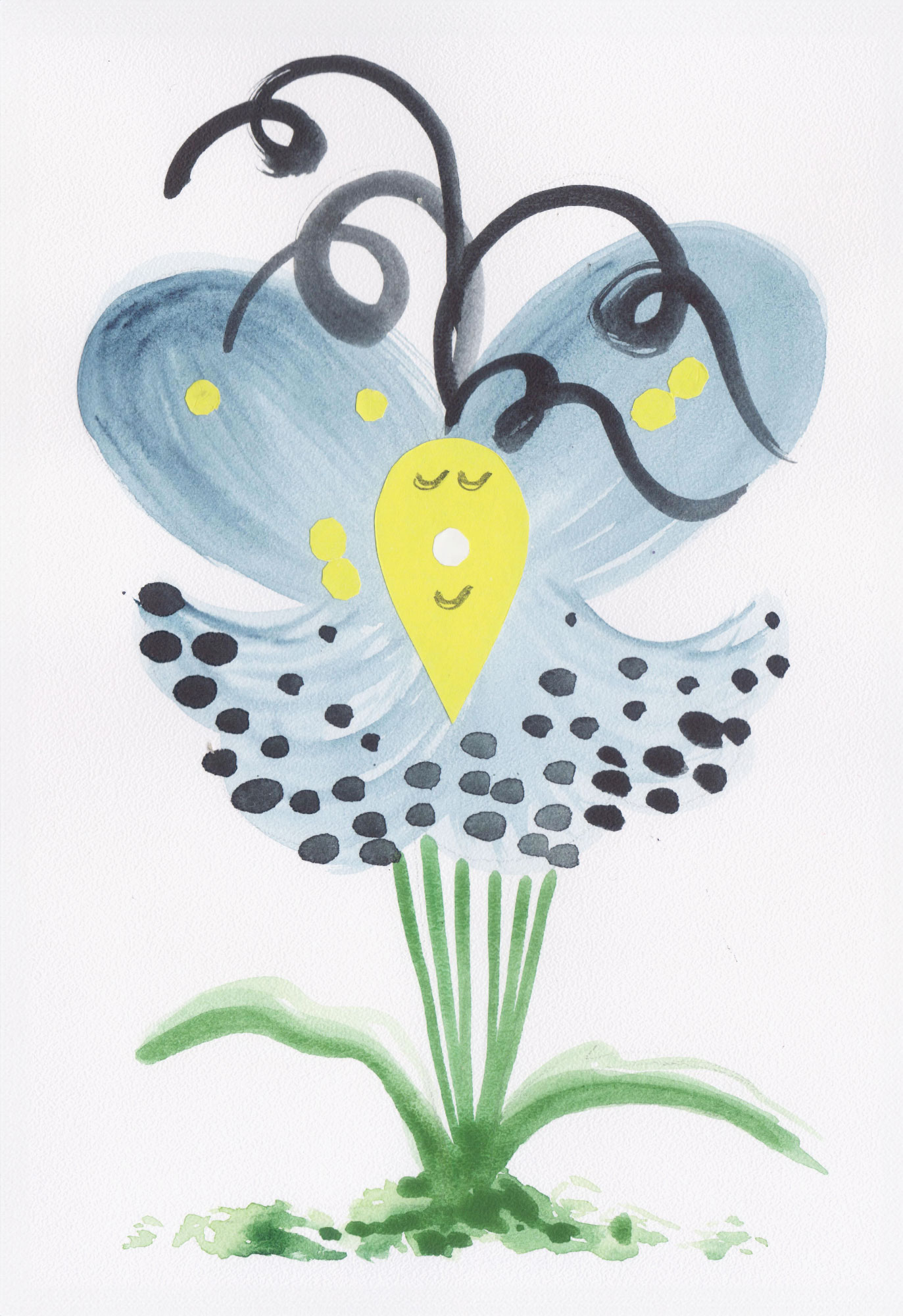 Смешанная техника «Blue flower» Арины Шабановой – абстрактный синий цветок с жёлтым центром, арт-иллюстрация.