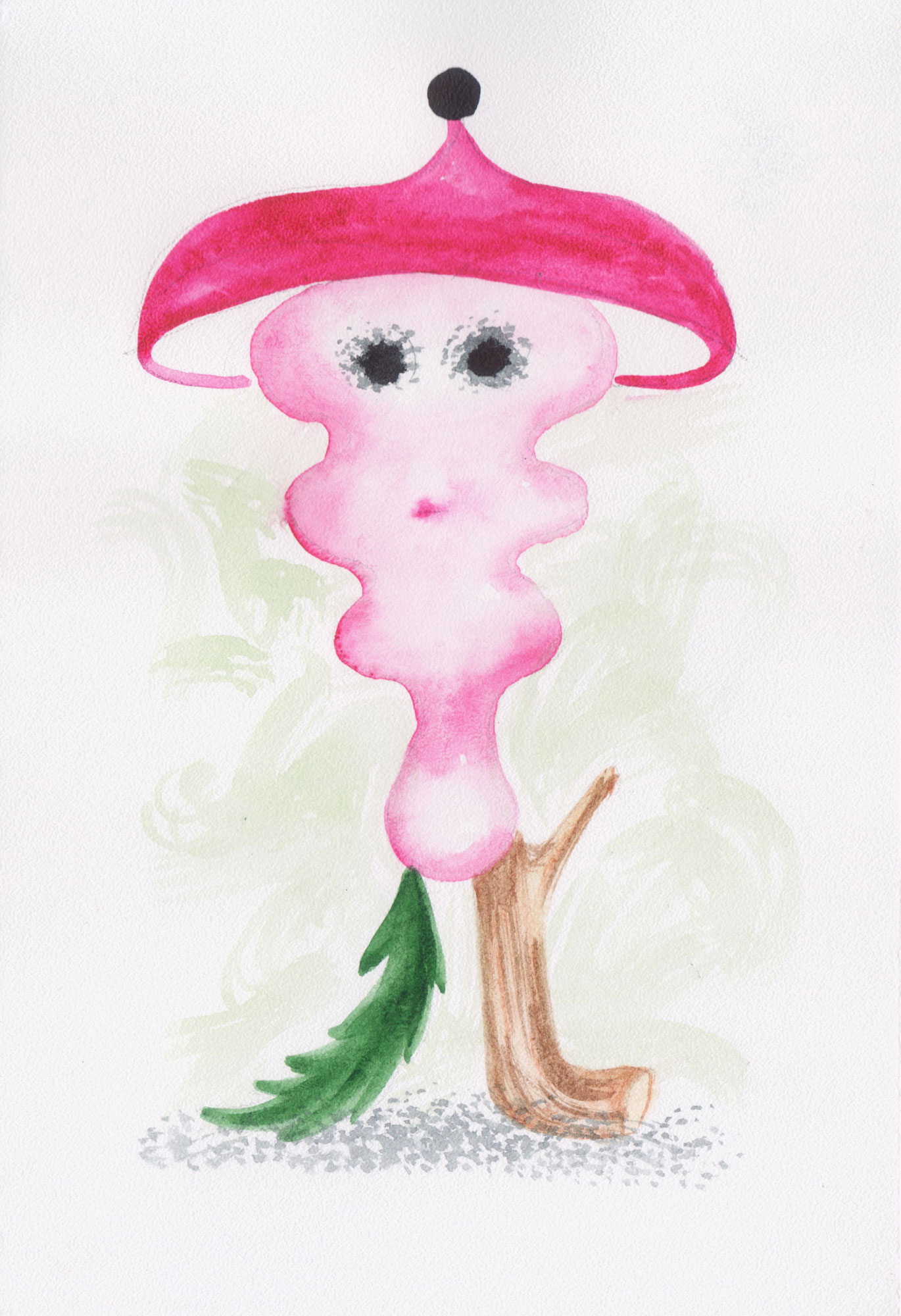 Акварель «Pink hat» Арины Шабановой – фантазийный розовый гриб с глазами, современная графика, 2022.