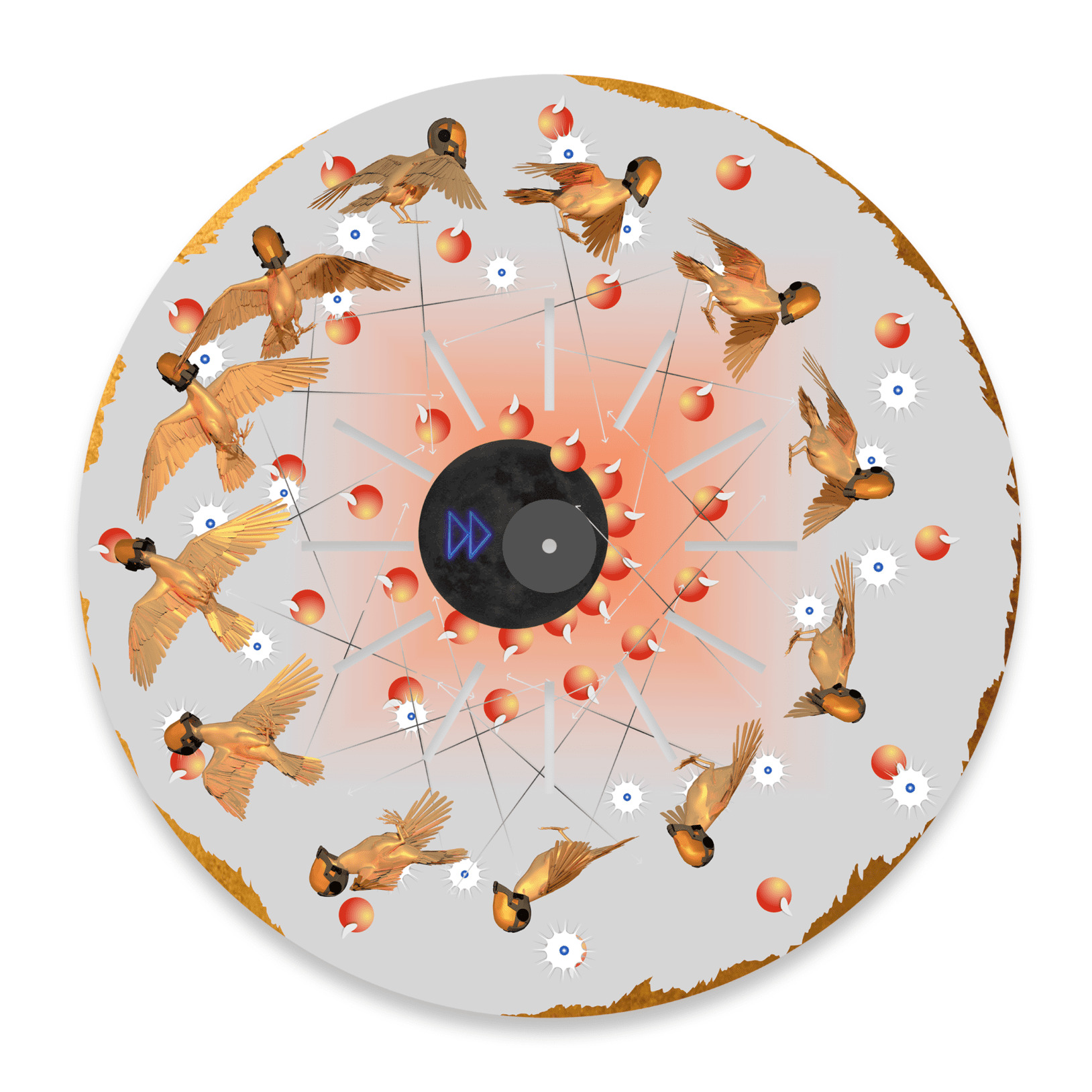 Мария Фёдорова Firebird disc 03 — круглая композиция с летящими птицами и орнаментом, УФ-печать на Dibond, арт-объект