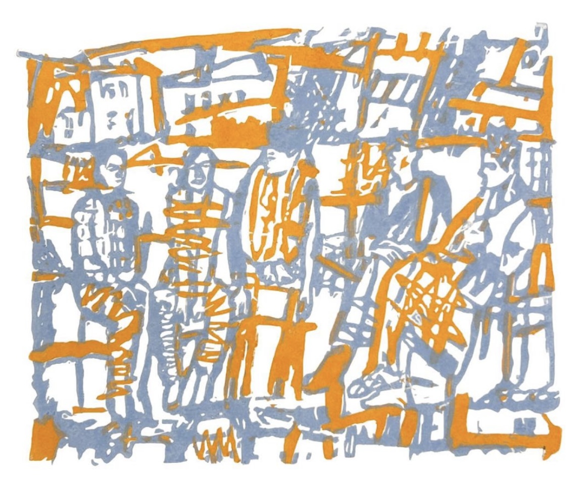 Линогравюра «Вечер в городе» Сергея Козликина – серо-оранжевый урбанистический сюжет с людьми, авторский принт, 2024.