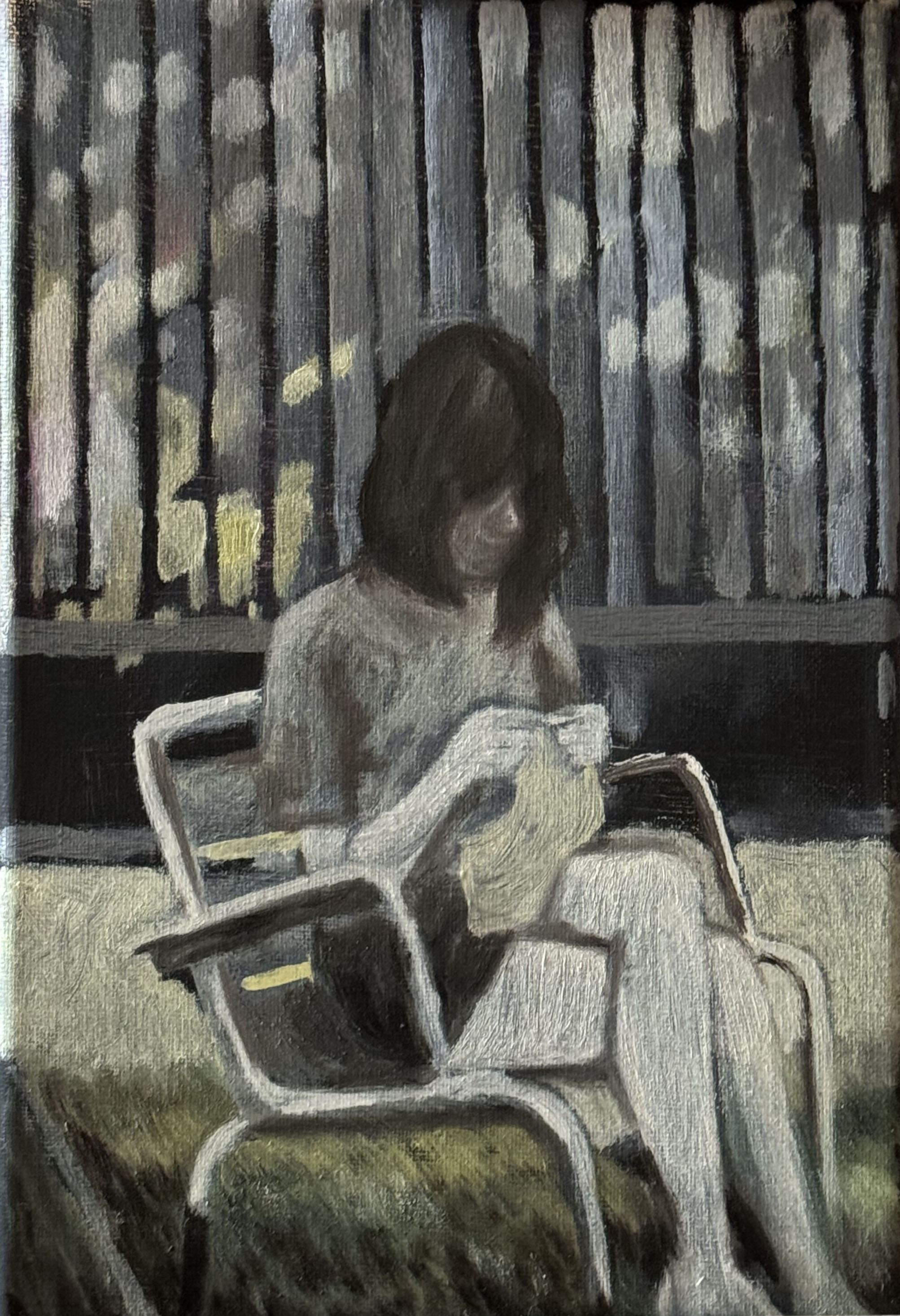 Маша Богатова — картина «Вязание в Новой Голландии», масло, фигура женщины с вязанием в кресле