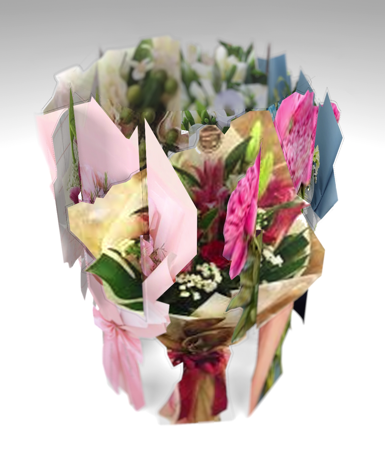 Скульптура «Малый букет вращения №1» — полистирол с печатью, 3D-букет с розовыми, белыми и жёлтыми цветами