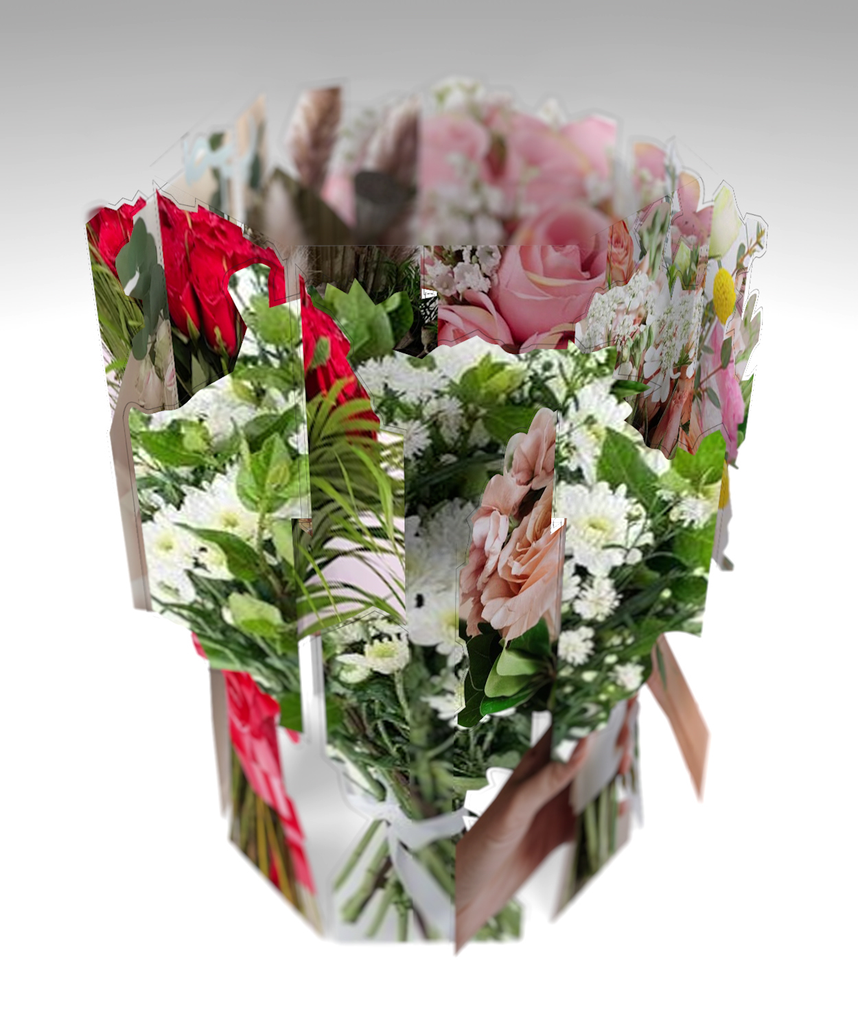 Скульптура «Малый букет вращения №2» — полистирол с печатью, 3D-букет с розовыми розами, белыми ромашками и зеленью