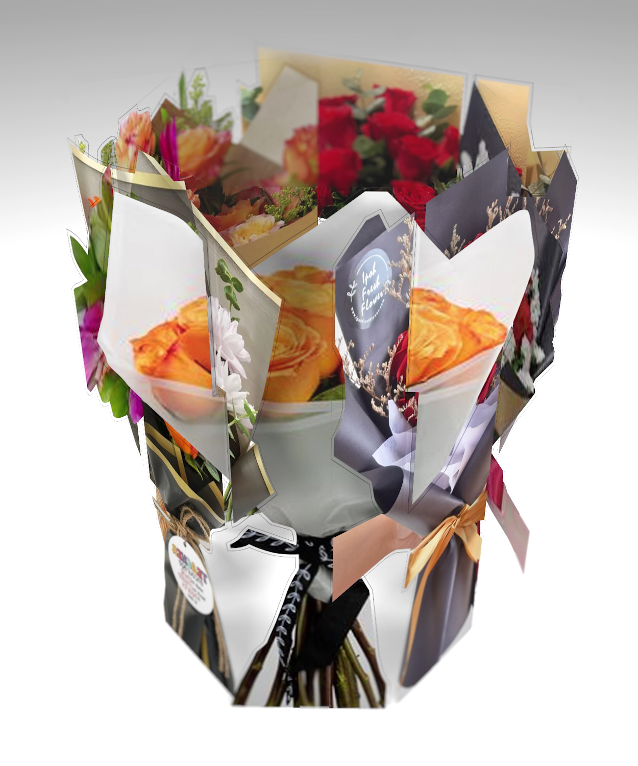 Скульптура «Малый букет вращения №4» — полистирол с печатью, 3D-букет с жёлтыми розами и красными цветами