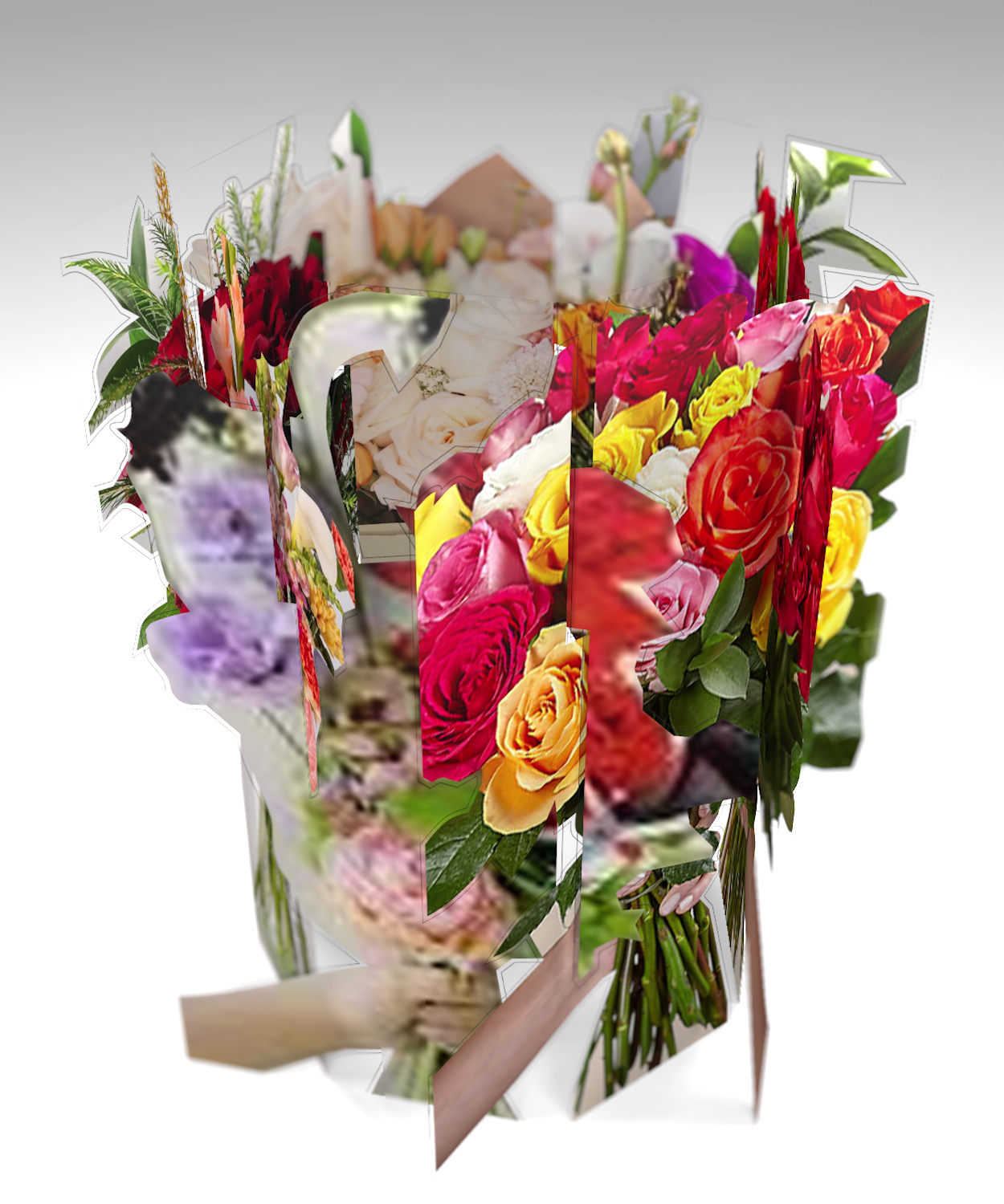 Скульптура «Малый букет вращения №5» — полистирол с печатью, 3D-букет с красными, жёлтыми и сиреневыми розами