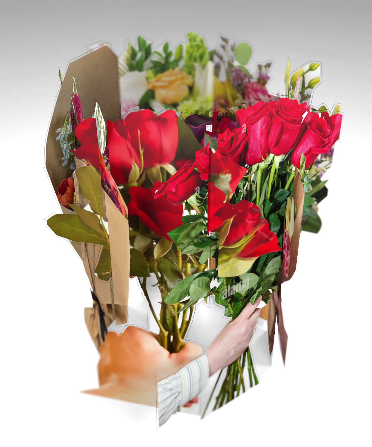 Скульптура «Малый букет вращения №6» — полистирол с печатью, 3D-букет из красных роз в светлой упаковке