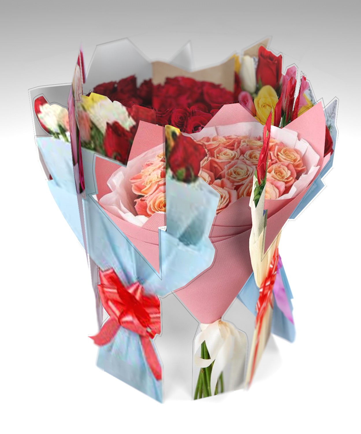 Скульптура «Малый букет вращения №8» — полистирол с печатью, 3D-букет из розовых и красных роз с голубыми лентами