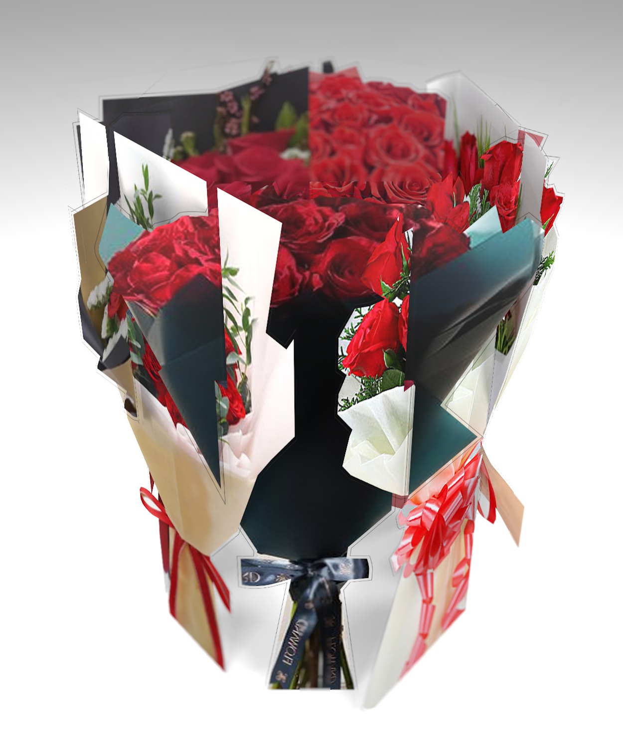 Скульптура «Малый букет вращения №9» — полистирол с печатью, 3D-букет из красных роз в чёрно-белой упаковке