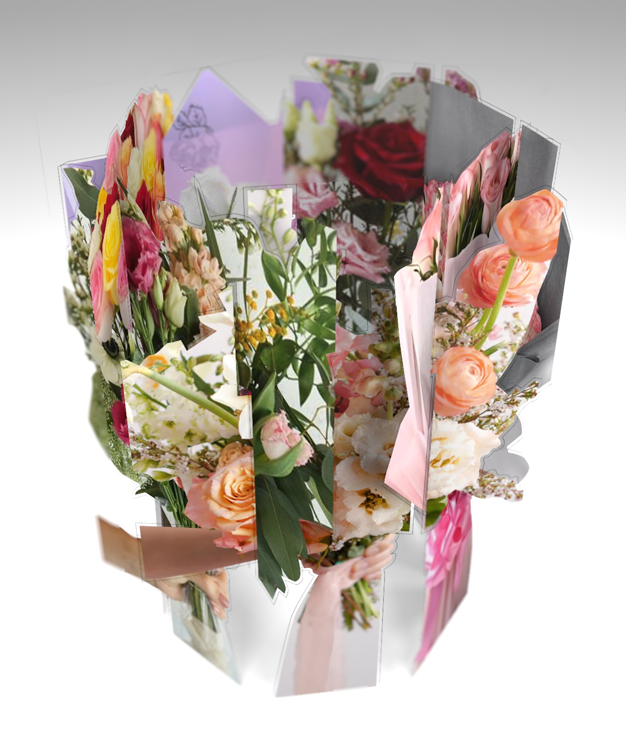 Скульптура «Малый букет вращения №10» — полистирол с печатью, 3D-букет с розовыми и персиковыми розами