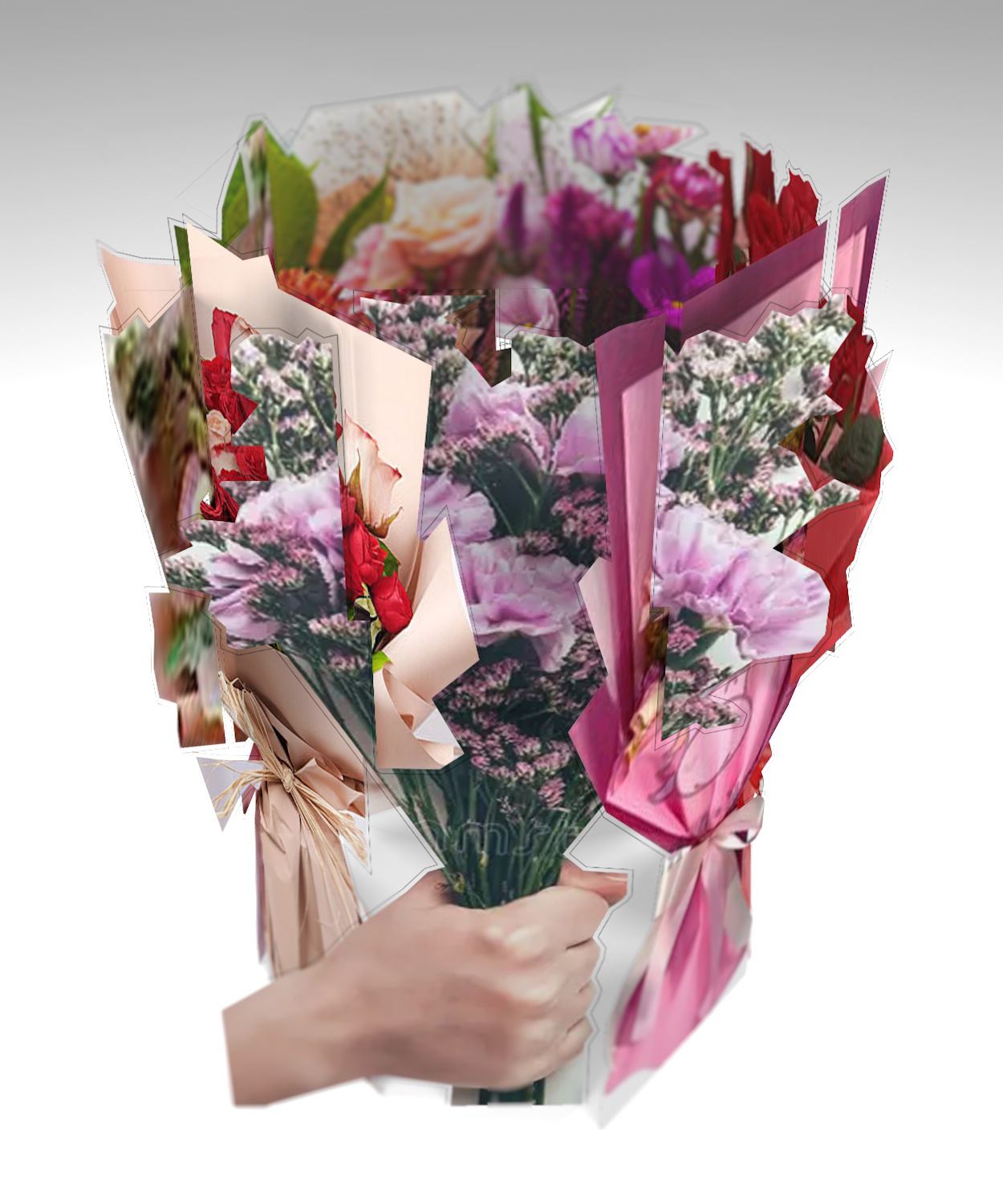 Скульптура «Малый букет вращения №11» — полистирол с печатью, 3D-букет с розовыми и красными цветами в упаковке