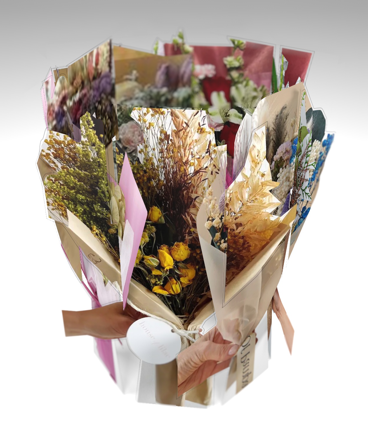 Скульптура «Малый букет вращения №13» — полистирол с печатью, 3D-композиция из сухоцветов и жёлтых бутонов