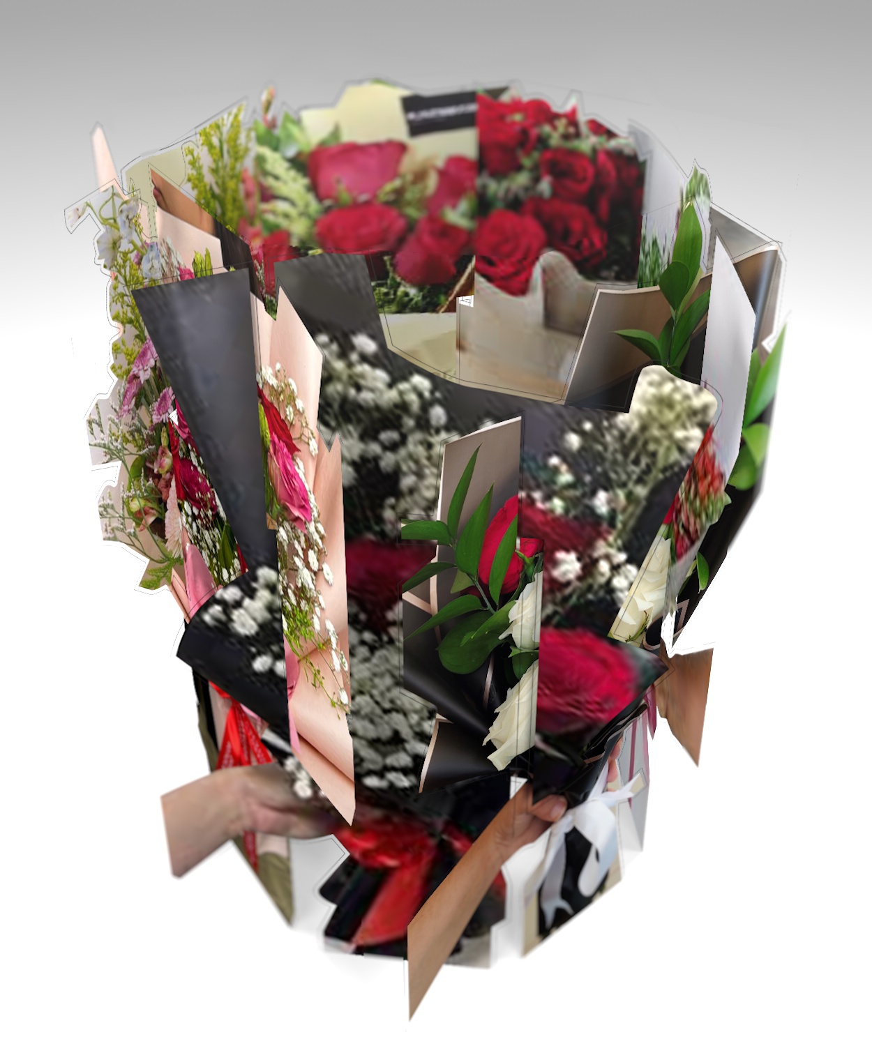 Скульптура «Малый букет вращения №14» — полистирол с печатью, 3D-букет с красными розами и зелёными акцентами