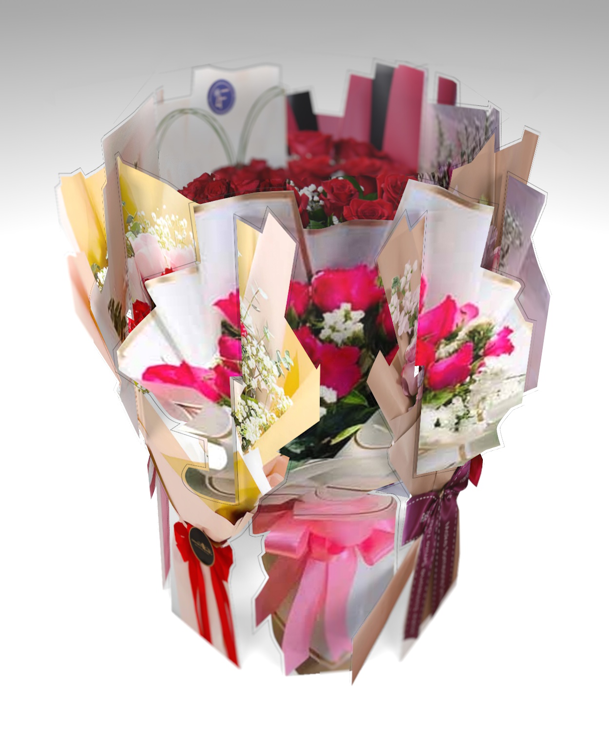 Скульптура «Малый букет вращения №15» — полистирол с печатью, 3D-букет с розовыми и белыми цветами, современное искусство