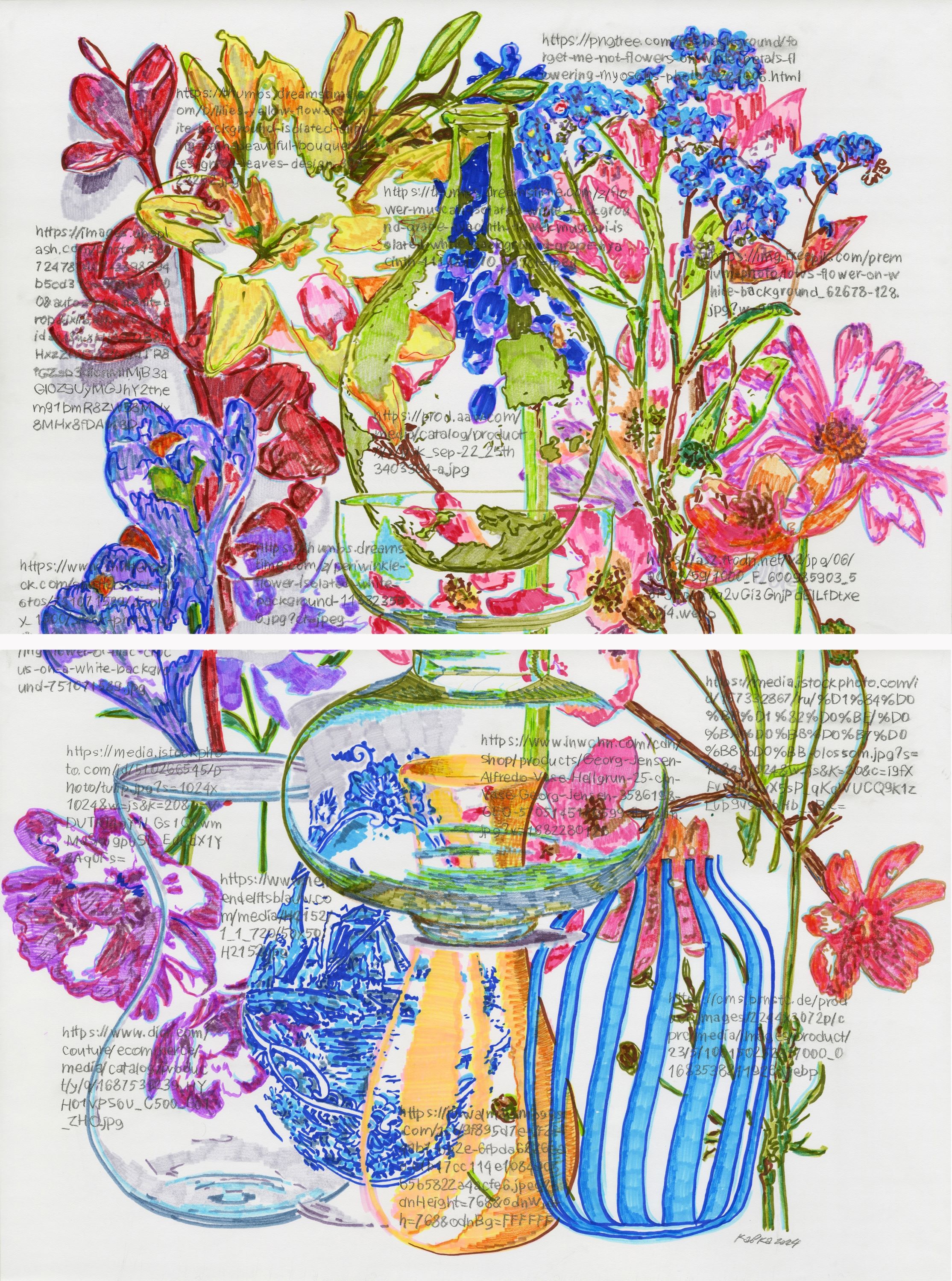 Натюрморт с цветами и вазами (диптих), фломастер, Дмитрий Кавка, 94×62 см, 2025