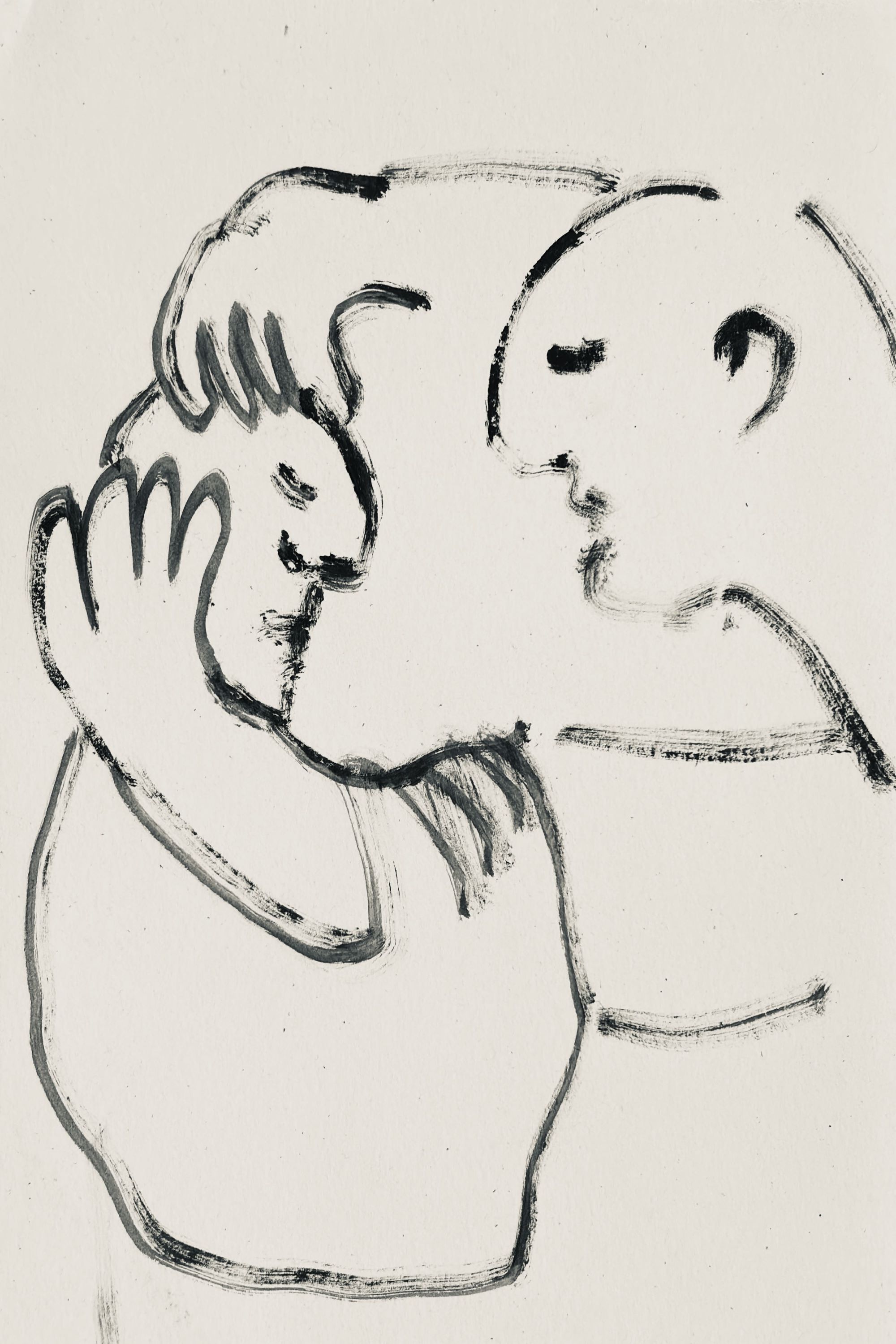Графика «Untitled» Полины Коваль, карандаш на бумаге, два обнимающихся персонажа, 2024.