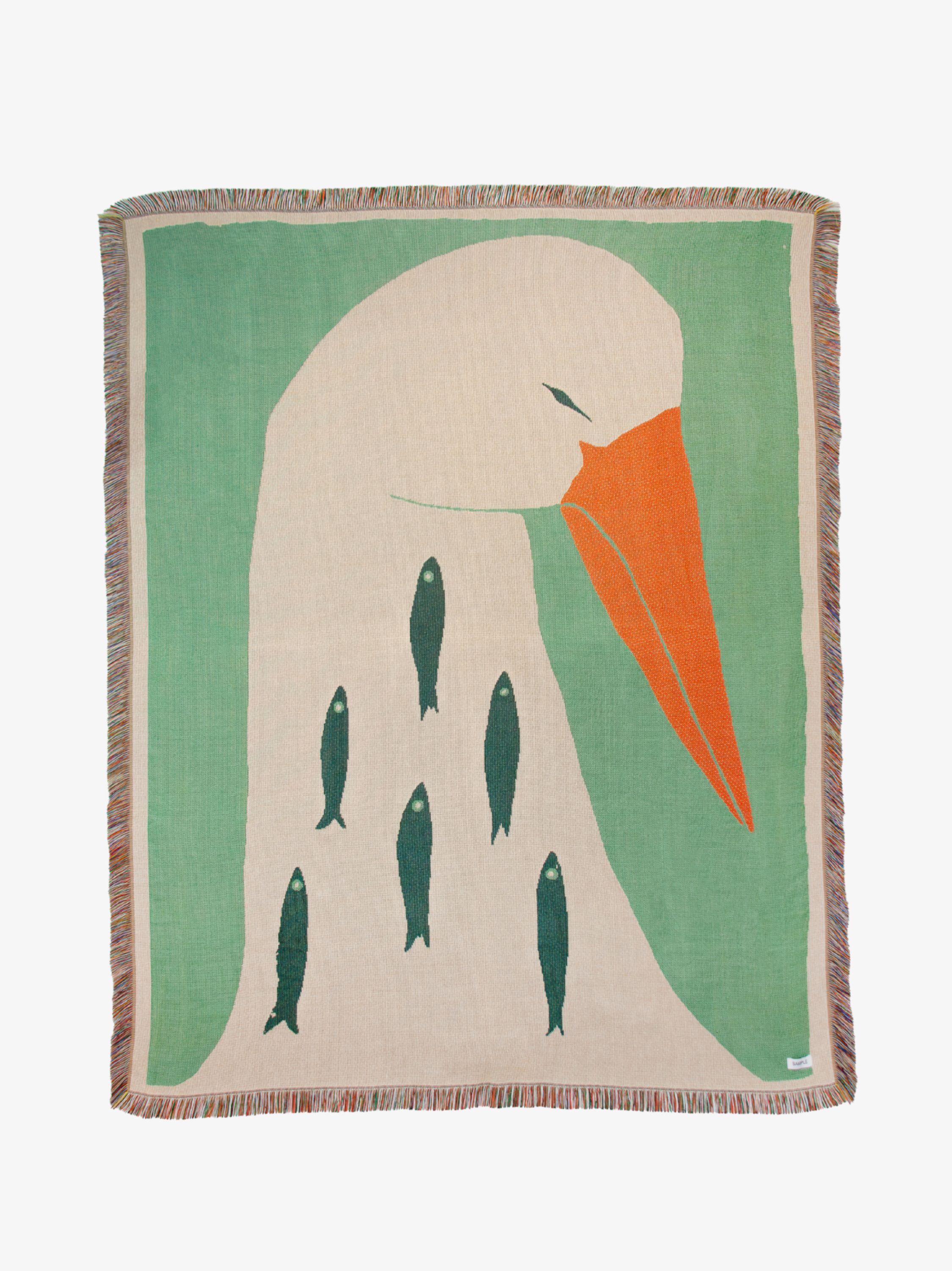 Плед SAMPLE x Женя Власова, зелёный фон с белым аистом и рыбами, жаккард, лимитированная коллекция