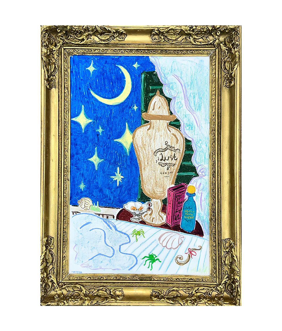 Картина 'About that night' Катя Афонина, бумага, масляная пастель, рама винтаж, 80×56 см, 2023.