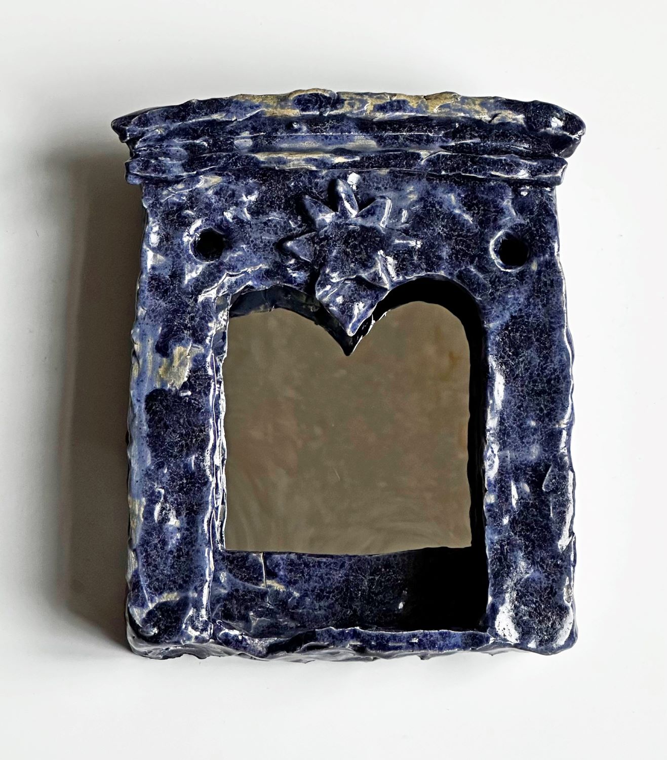Керамическое зеркало в синей глазури с узором и звездой, декоративный арт-объект ручной работы
