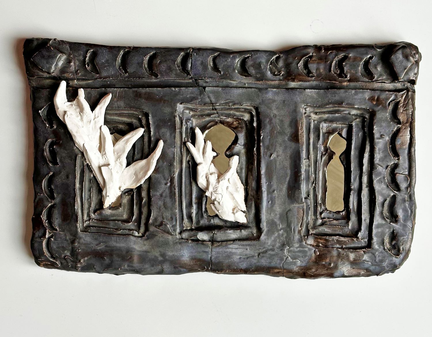 Керамическое зеркало с тремя секциями и рельефными белыми птицами, ручная работа, арт-декор