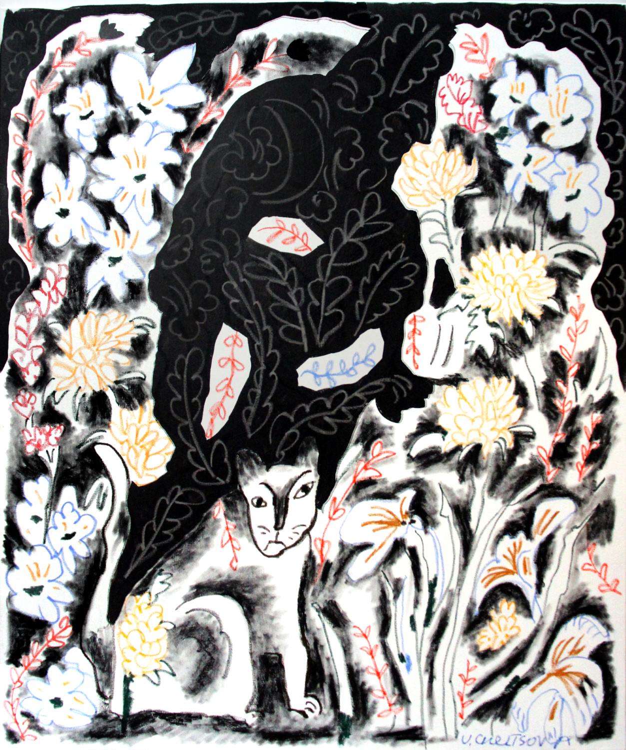 Пастельная работа «Кошачья прогулка под луной» с черным котом и цветами, Варвара Чельцова, 2023