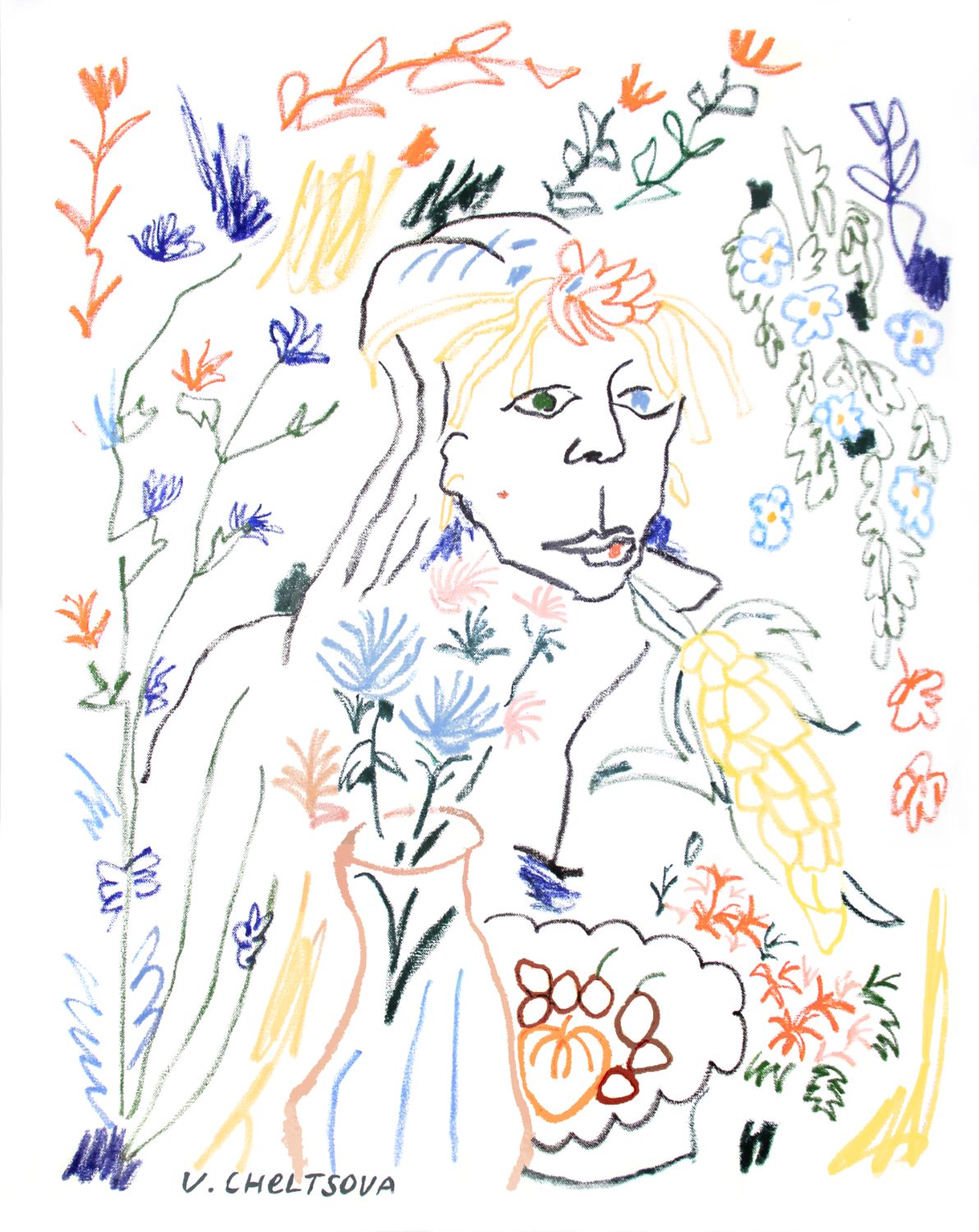 Цветочная композиция с женским образом и початком кукурузы, пастель на холсте, Варвара Чельцова