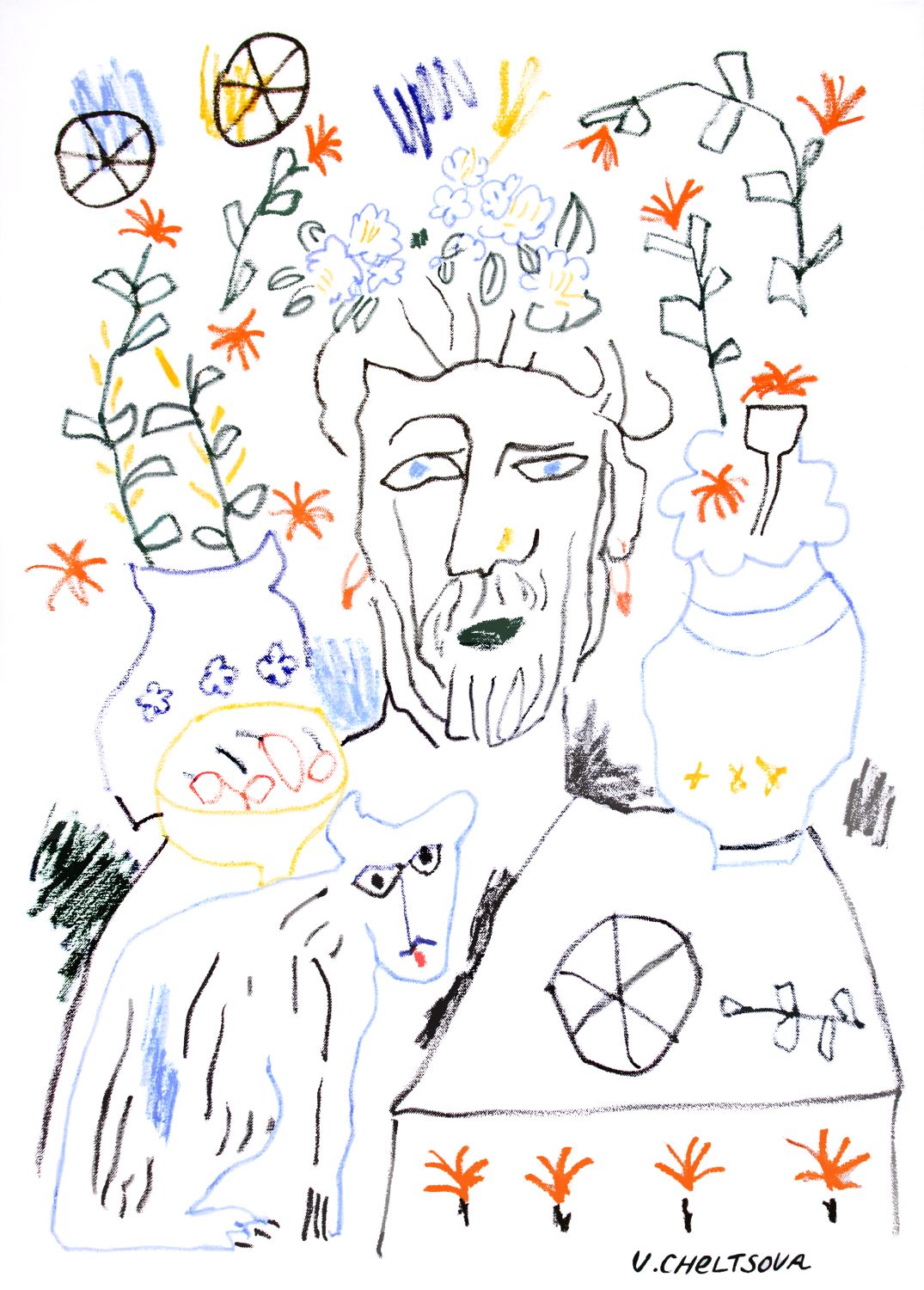 Пастельный рисунок «Летние забавы» с цветами, фигурой и котом, холст, пастель, Варвара Чельцова