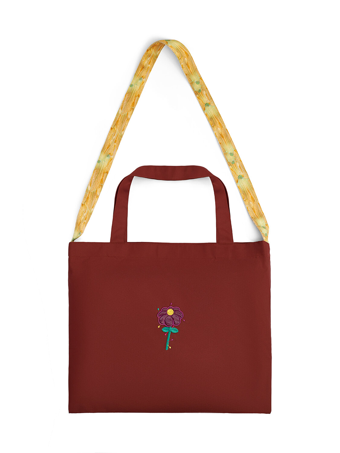 Бордовый шоппер с цветочной вышивкой и жёлтыми ручками. Дизайн Дарьи Барыбиной, серия 2023 года