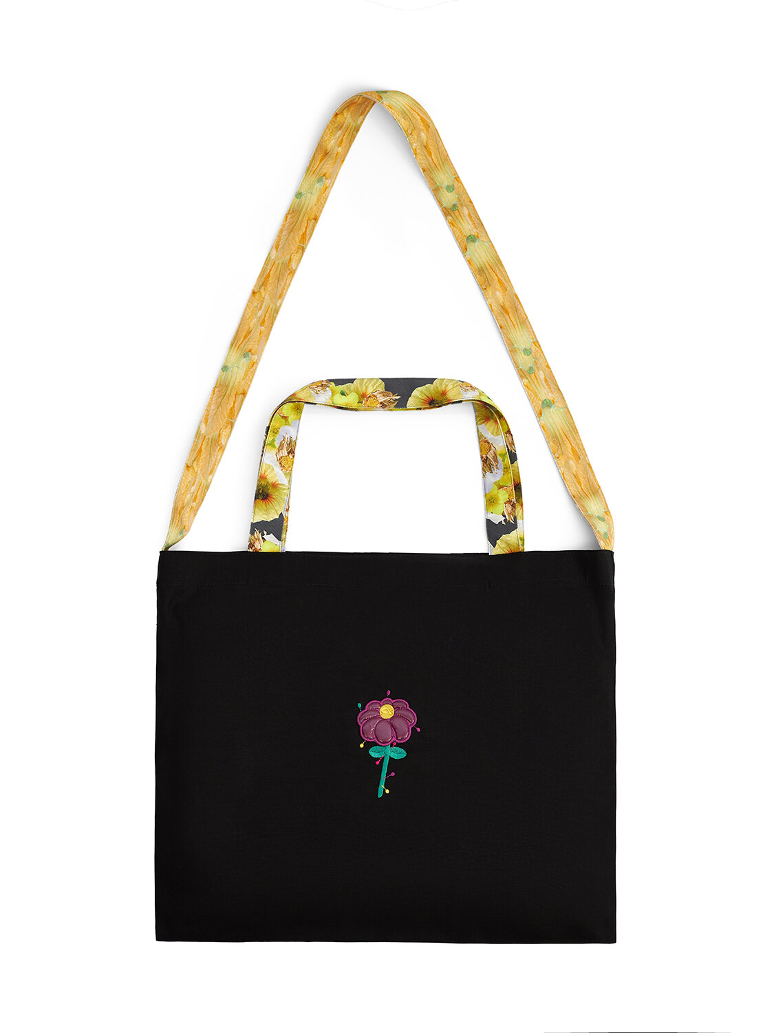 Чёрный шоппер с вышивкой цветка и ручками с жёлтым принтом. Аксессуар ручной работы, 2023