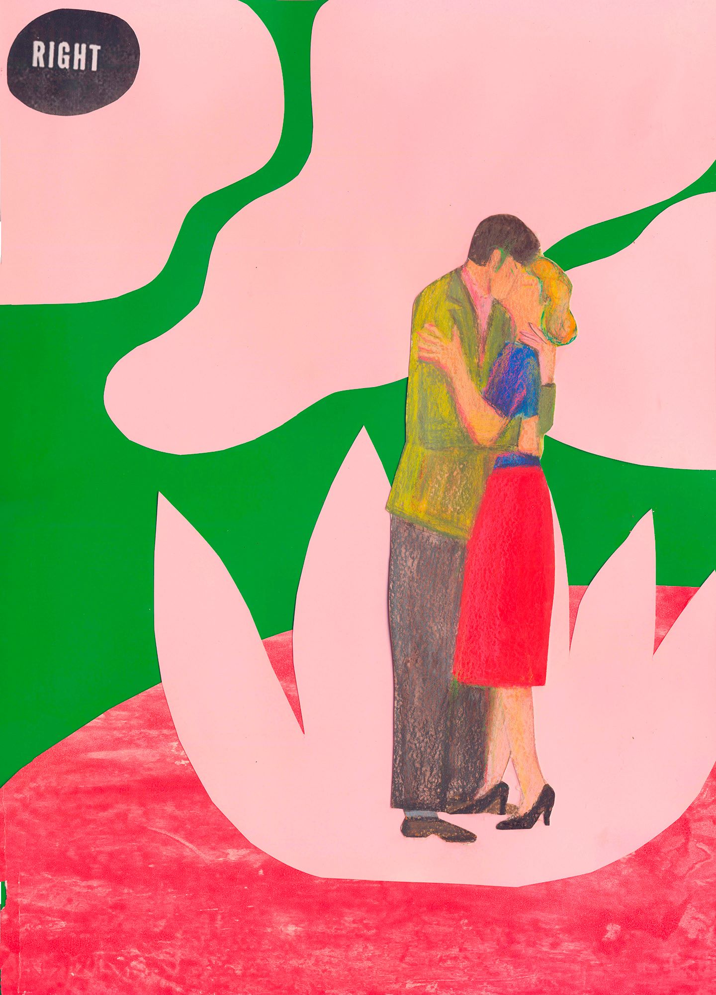 Коллаж «Right (pink)» – объятия пары на фоне зелёно-розовой композиции, Анна Цой, 2020