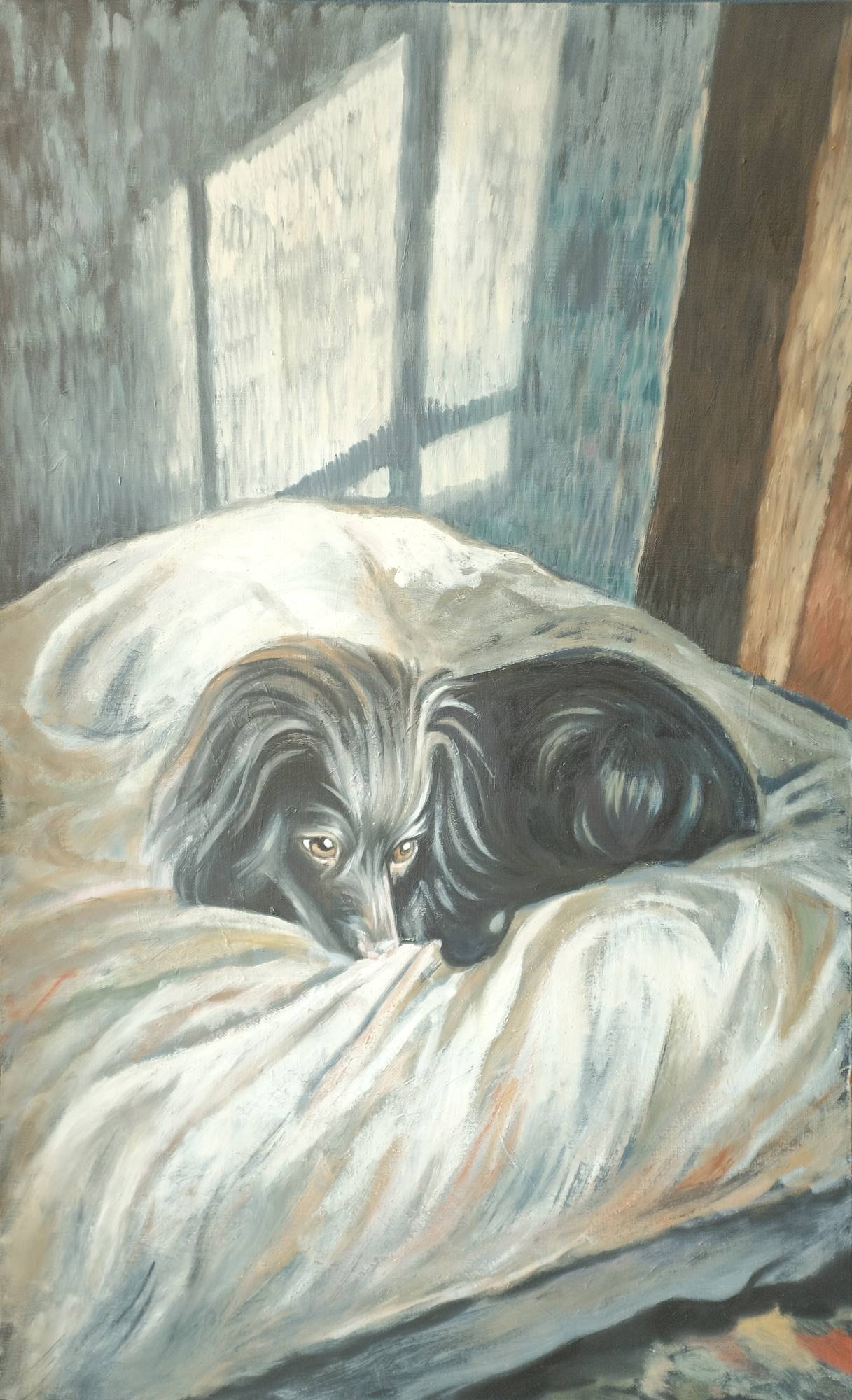 Картина маслом: чёрная собака на кровати у окна. Живопись 2025 года, художница Маша Богатова