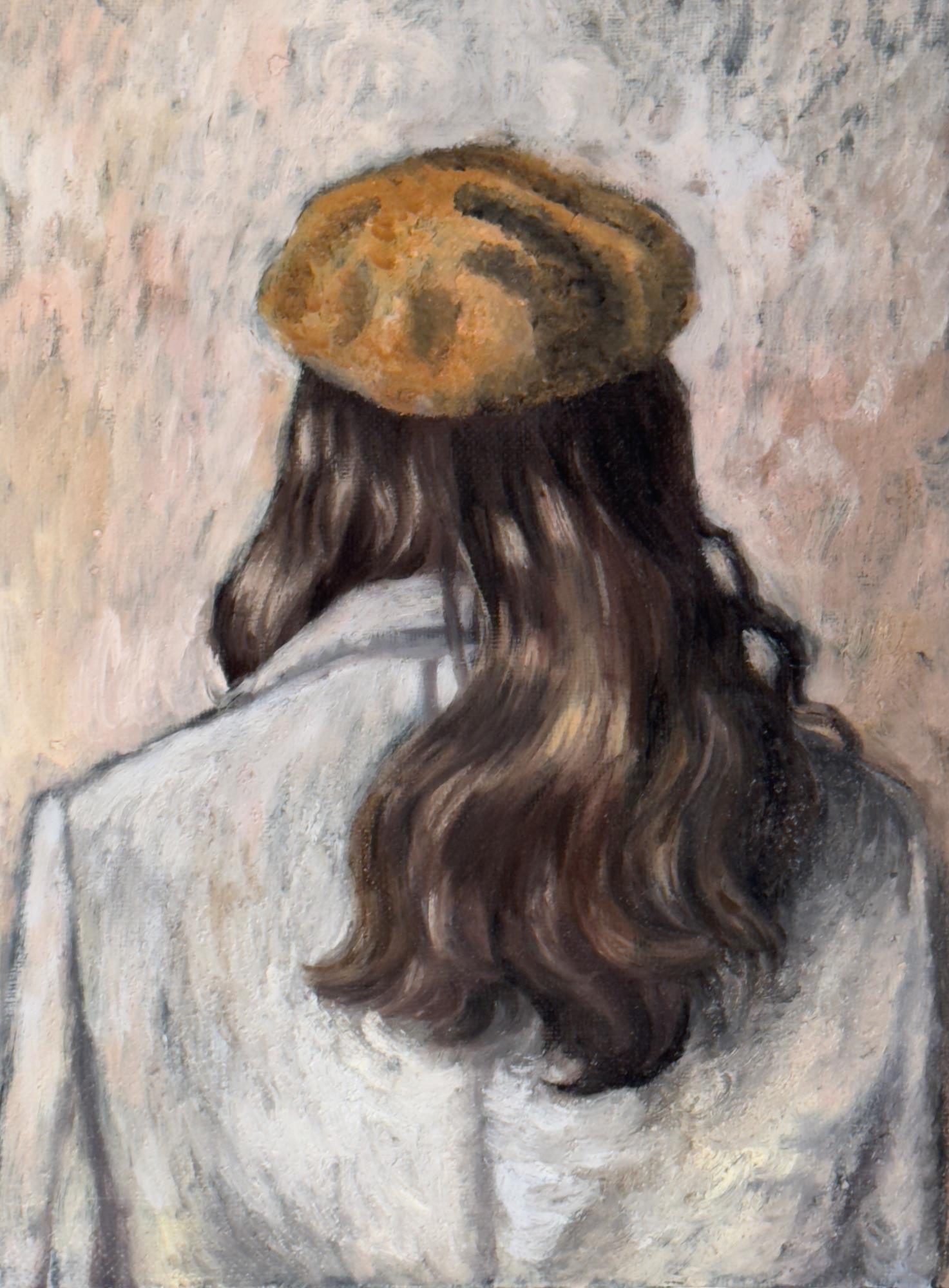 Картина маслом 'В процессе' — женщина со спины в берете и пальто, 40x30 см, 2025