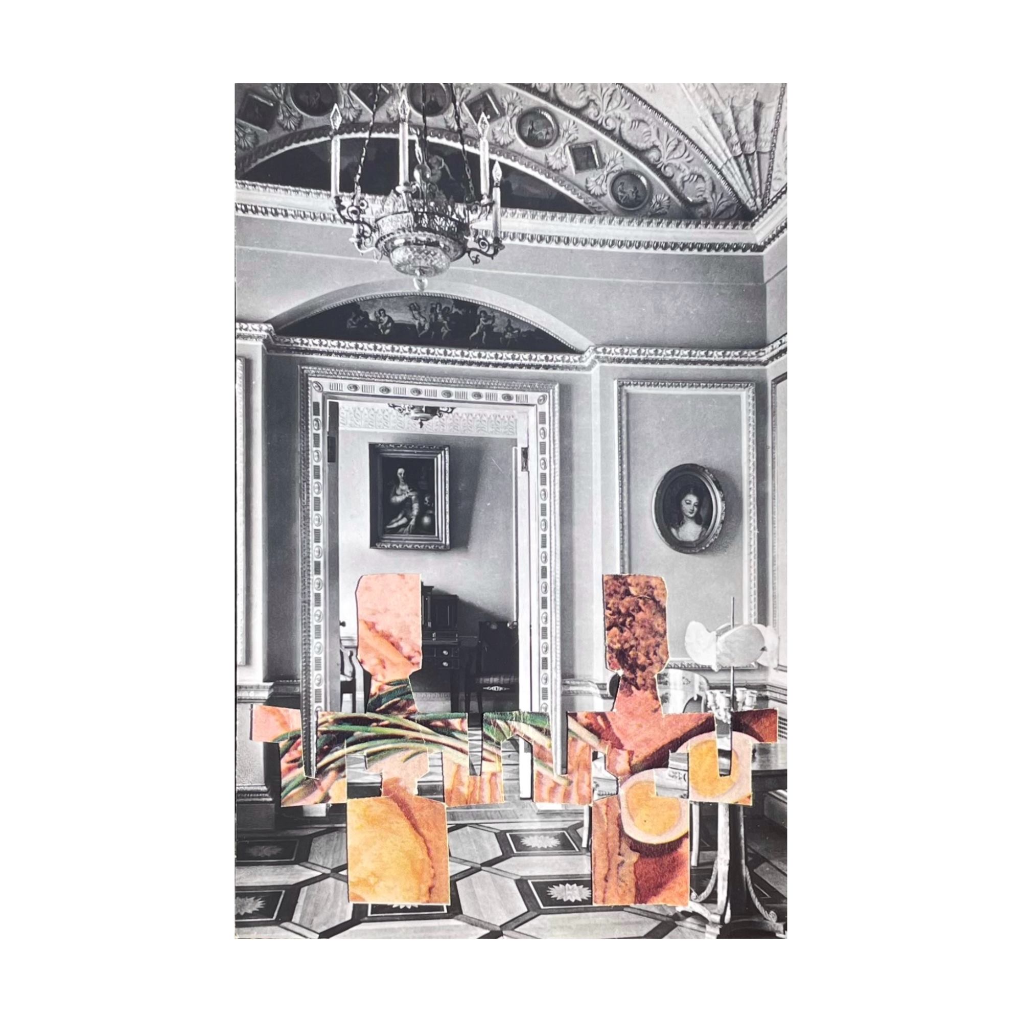 Коллаж с геометрией и текстурами еды на фоне классического интерьера. Работа Полины Долгой