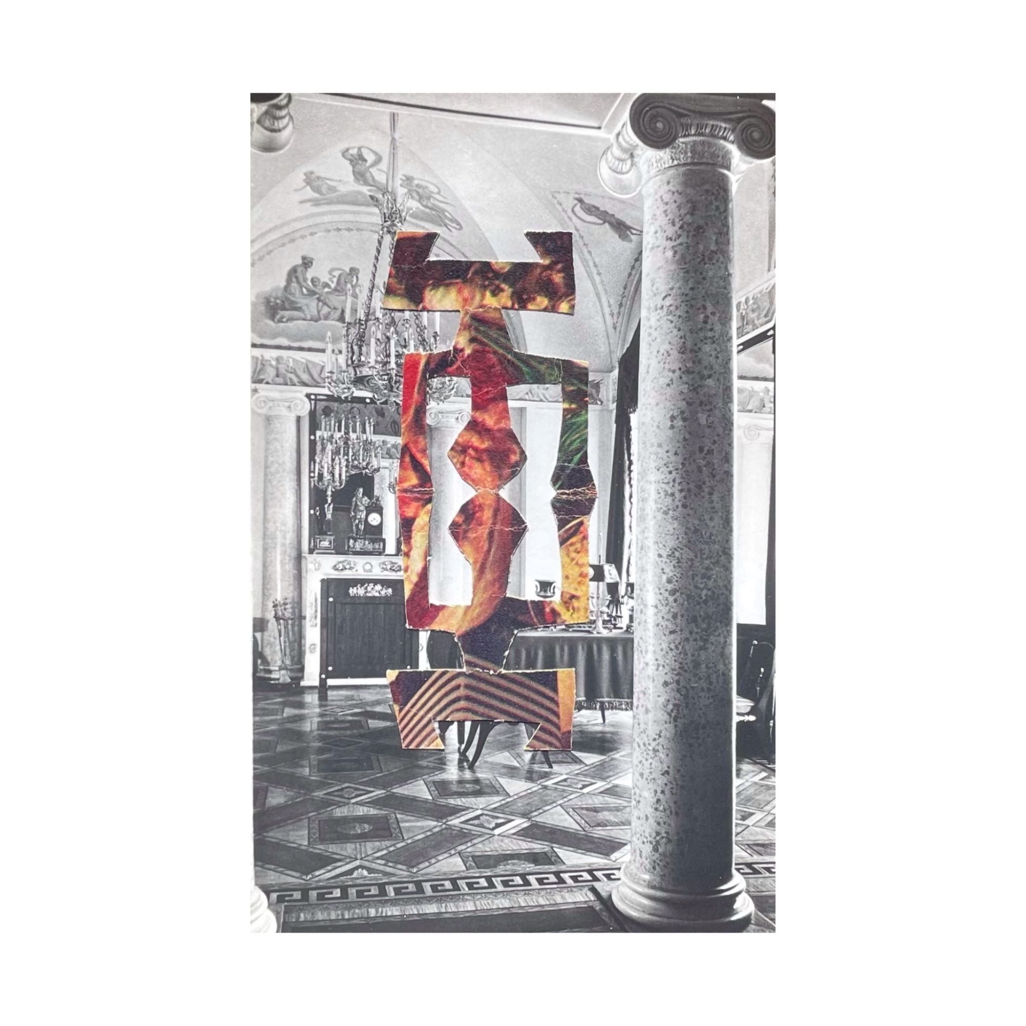 Фигуры из еды на фоне дворцового интерьера. Коллаж на бумаге, Полина Долгая