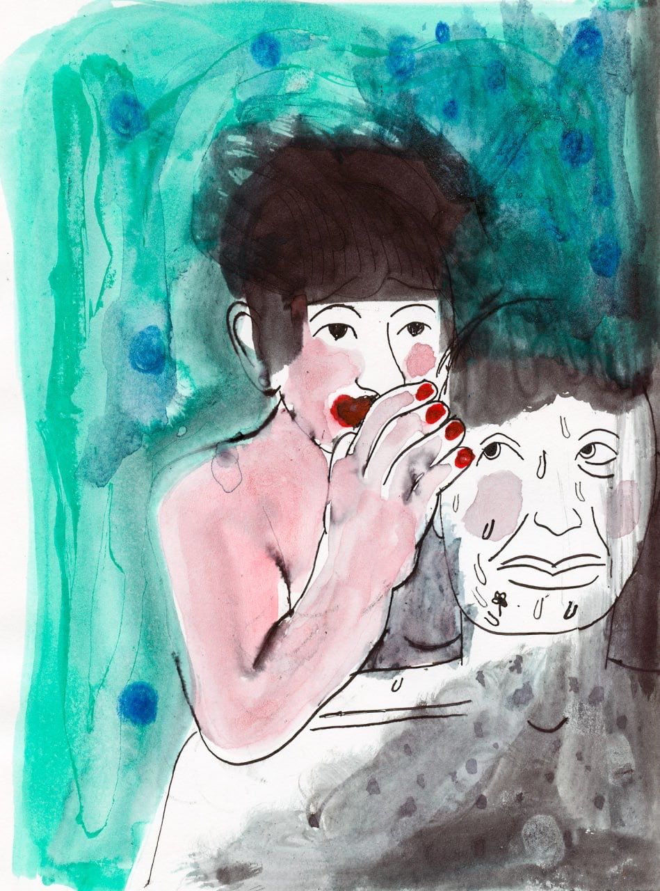 Женская фигура шепчет лицу-маске. Интуитивный рисунок тушью и карандашом на бумаге