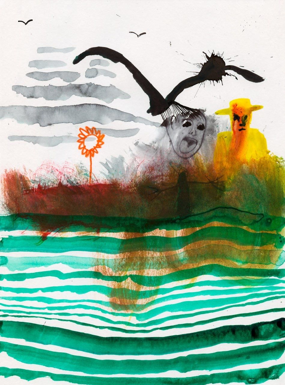 Абстрактная сцена с лицами, птицей и травой. Графика тушью и цветными карандашами, Syhmen