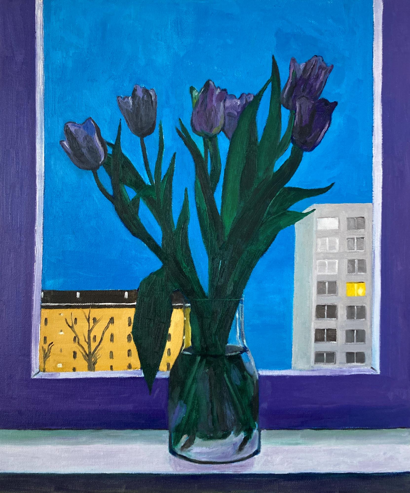 Букет тюльпанов на фоне окна и домов на рассвете. Масло на холсте, Алексей Яковлев, 2022