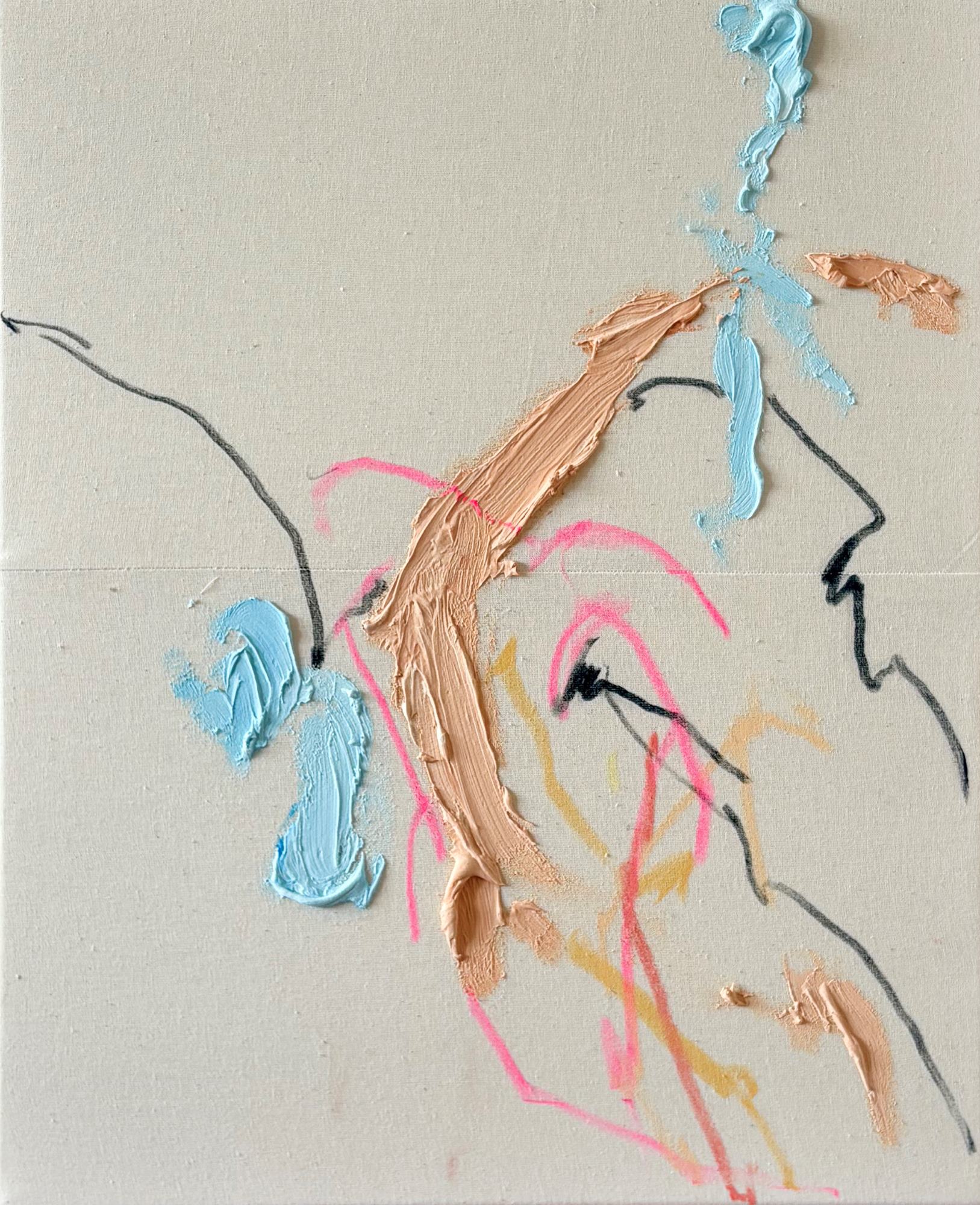 Абстракция с объёмной пастой, розовыми и голубыми линиями, акрил и уголь на холсте, 2025.