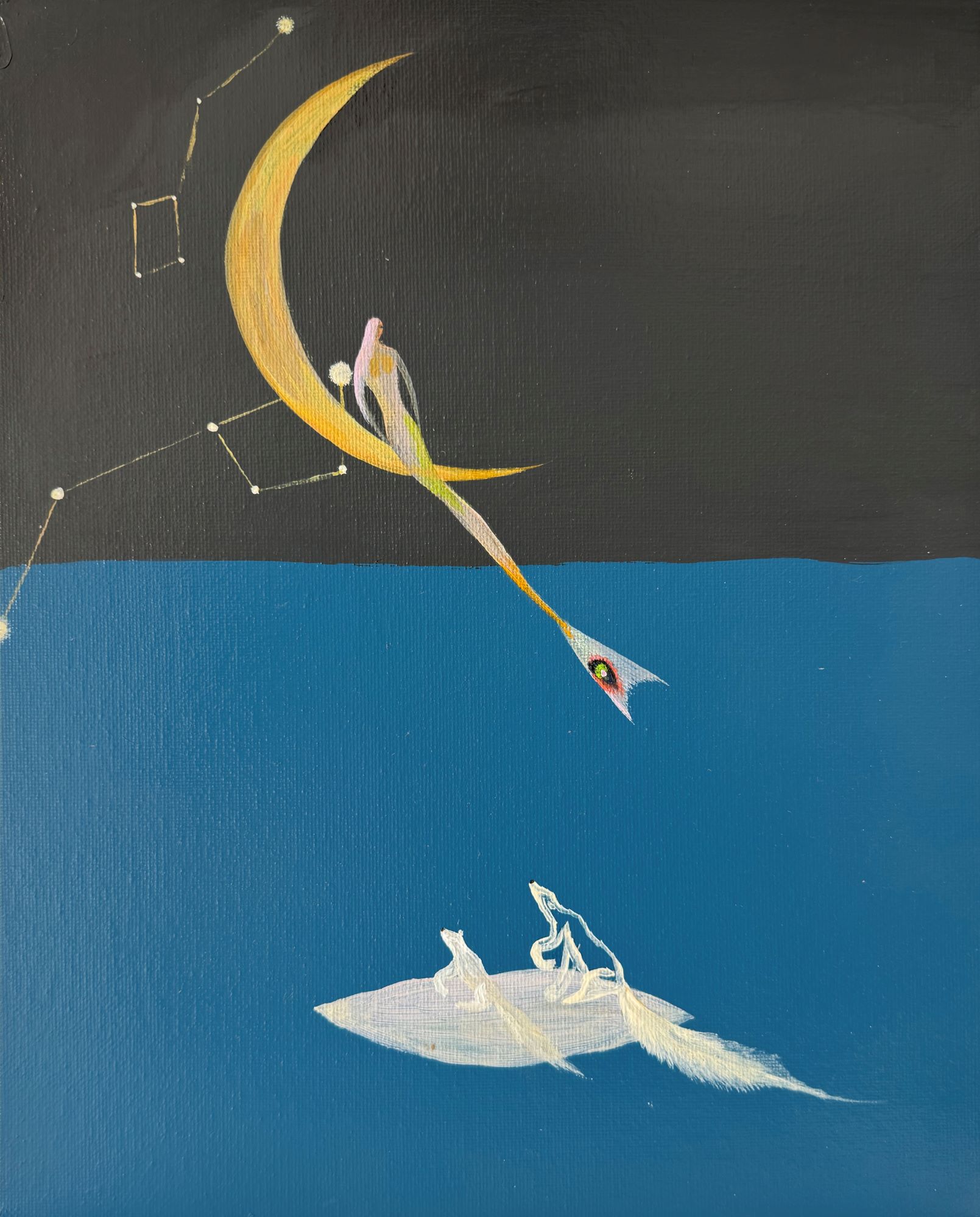 Графика «Les oursons» с парящими существами и жёлтой луной, акрил, 30×24 см