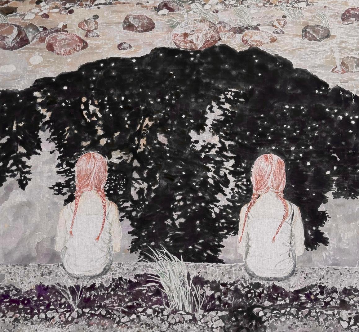 Картина «Мое отражение» с двумя девочками у воды в акриле