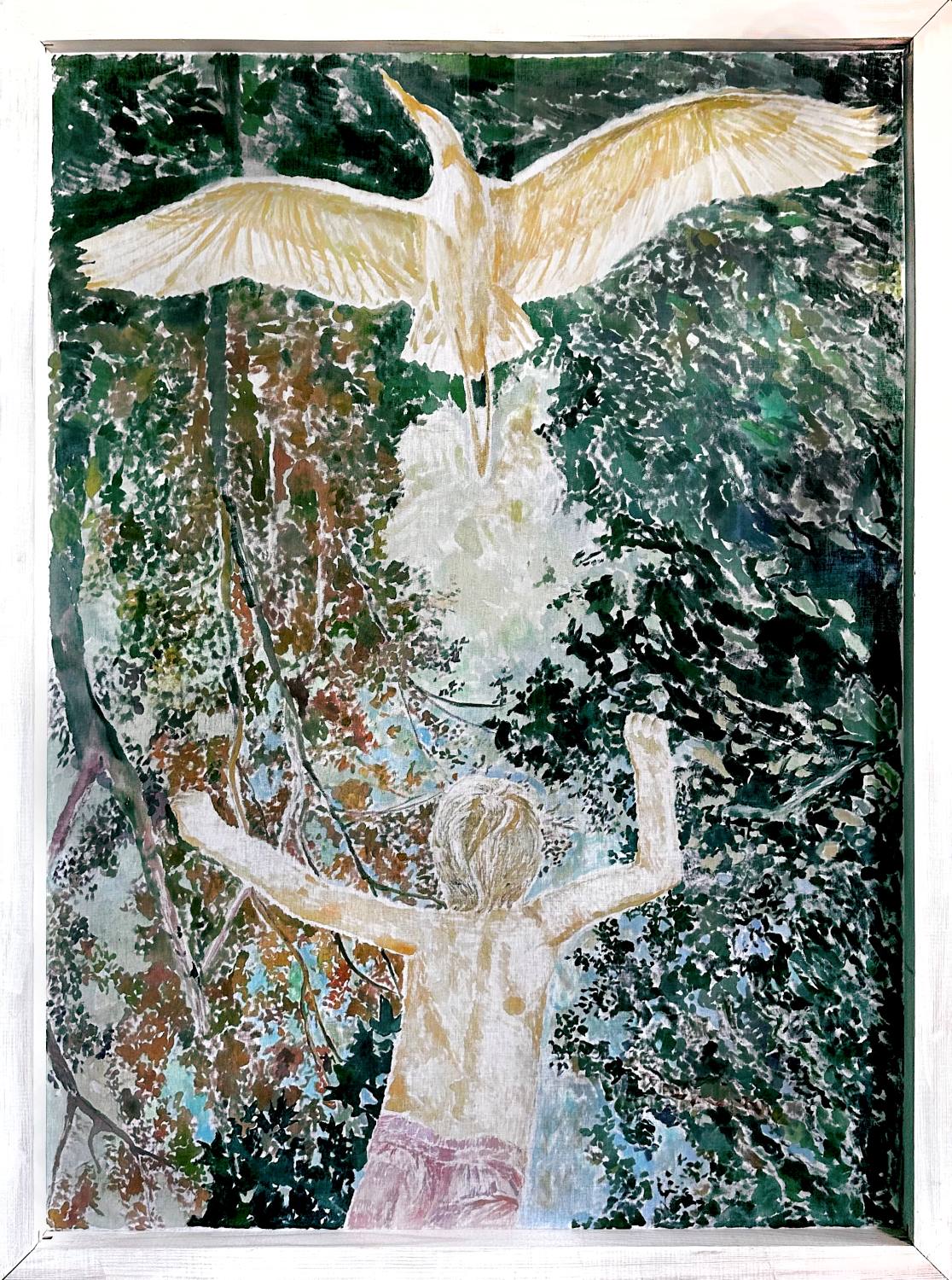 Картина «Летал во сне» — фигура в лесу и большая птица над головой, акрил