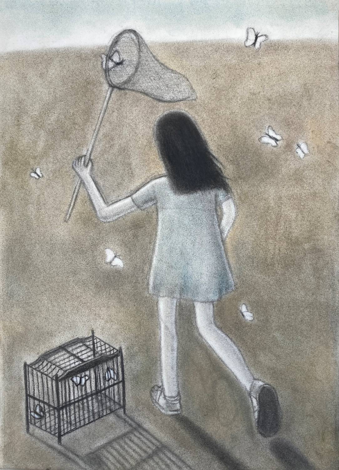 Девочка с сачком и бабочками — графика «Клетка и бабочки», пастель и уголь