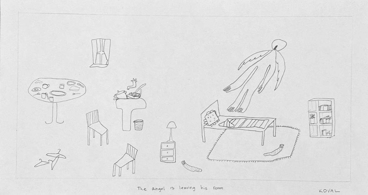 Графика Полины Коваль «Angel is leaving his room», карандашный рисунок 23×42 см