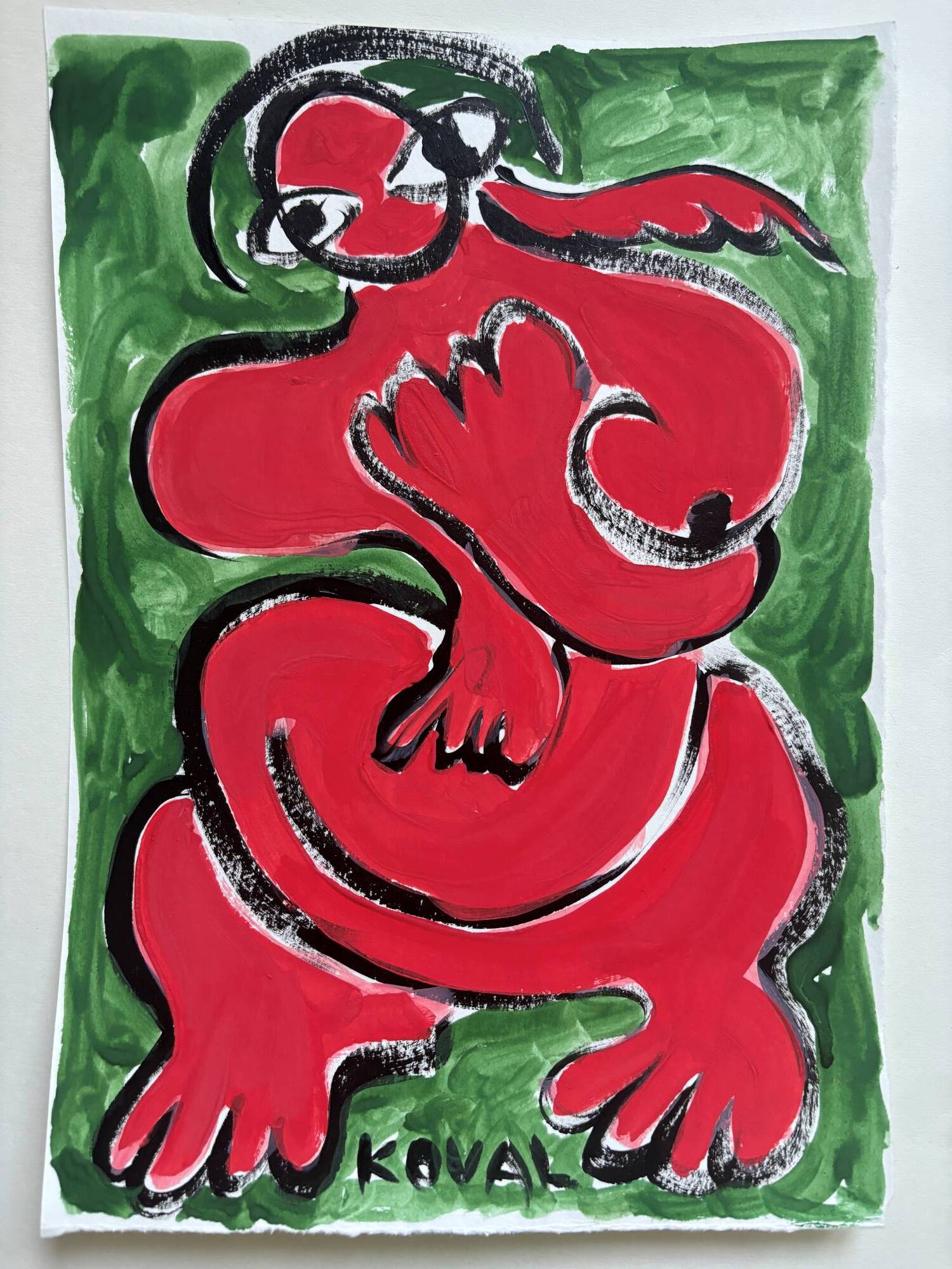 Графика Полины Коваль «Red angel on the grass», акрил на бумаге 29.7×21 см