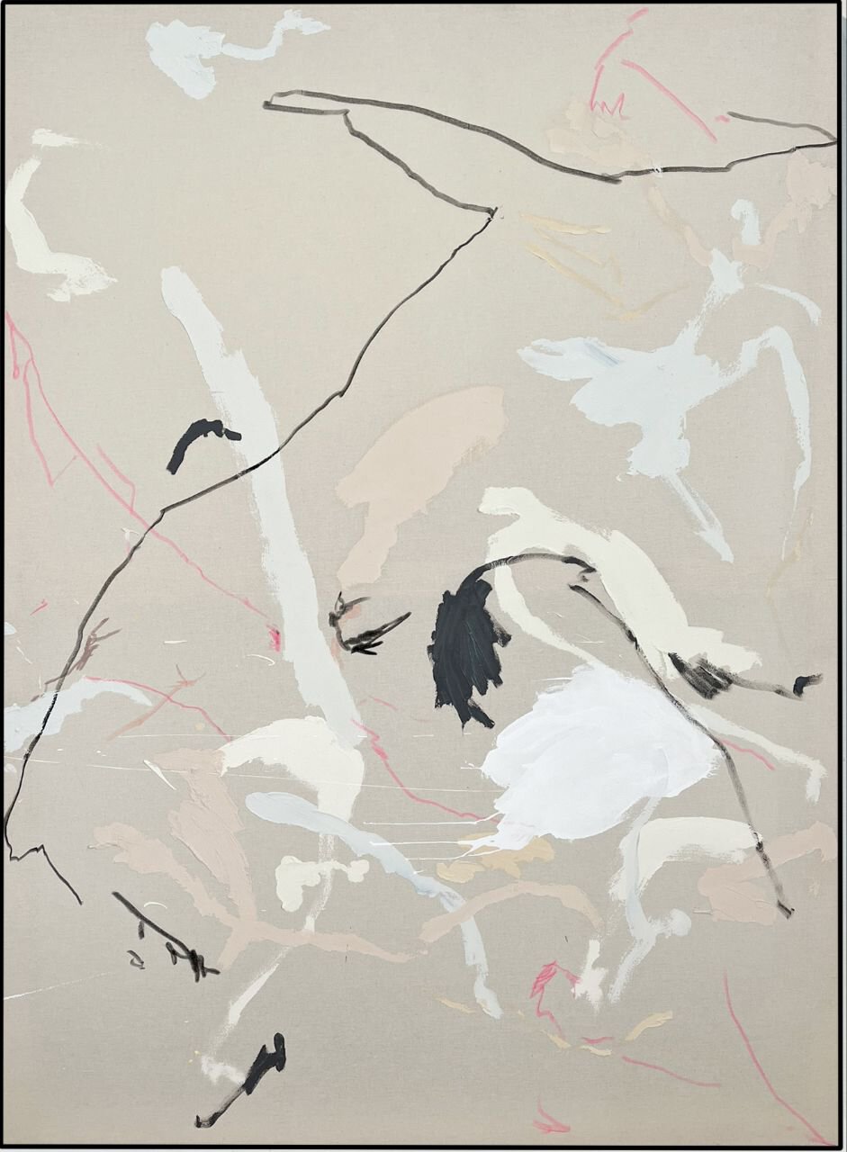 TONY.WWWWW — абстрактная живопись untitled w 008, холст, акрил, пастельные тона с черными и розовыми линиями