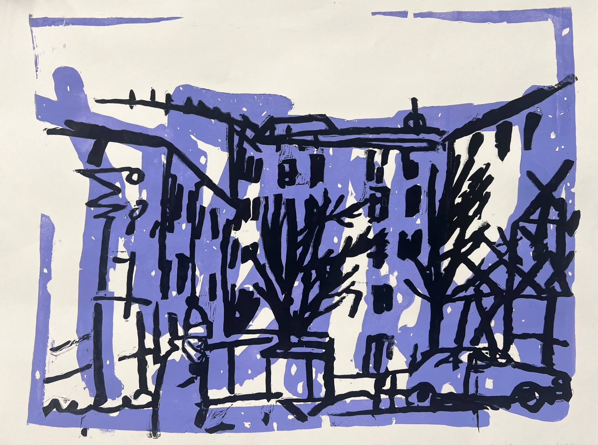 Линогравюра с синим фоном и черным контуром двора и домов, современная графика, Сергей Козликин, 2024