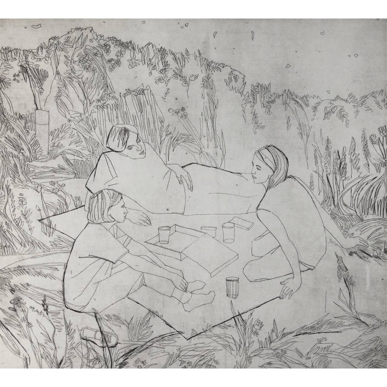 Перед рассветом, Александра Бурмистрова — Офорт «Перед рассветом» — ночной пикник на траве, символический реализм, Россия, 2022.