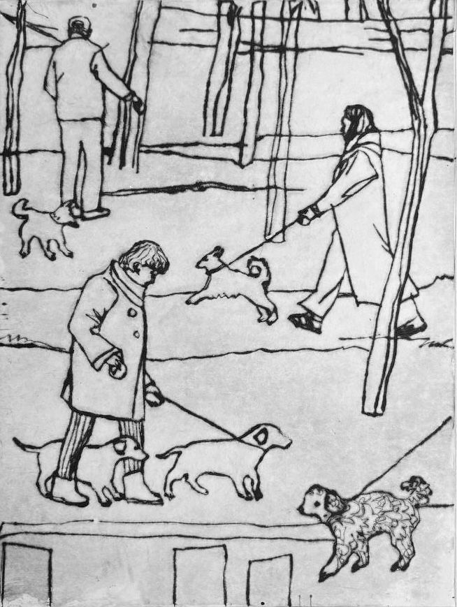 Сухая игла: прогулка с собаками по бульвару зимой. Черно-белая графика, 2024, Бурмистрова